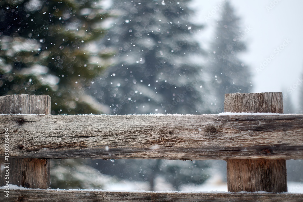 Fototapeta premium Quiet snowfall visible through slats of an old wooden fence