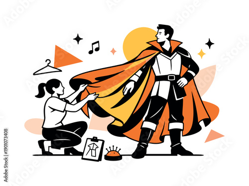 Stage costume fitting. A designer adjusts a flowing cape on an actor, dramatic folds captured mid-motion.