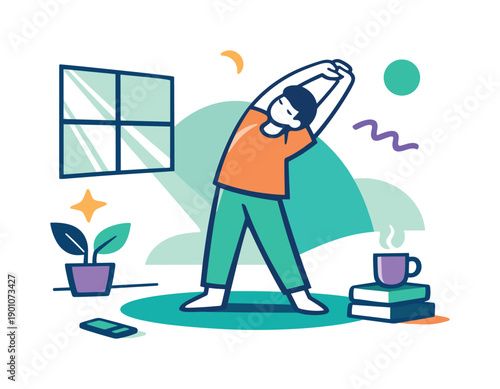 Sunlit Morning Stretch. Slow morning routine. Sunlight enters through a window, a person stretching in a