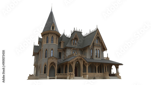 Intricate Victorian Gothic mansion with a steep turret and ornate detailing isolated on white background