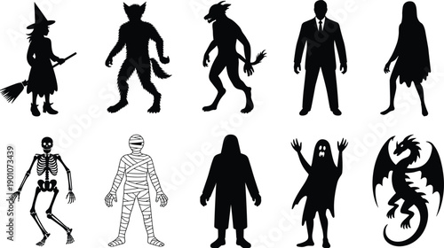 Halloween character silhouette set featuring witch, werewolf, monster, businessman, ghost, mummy, skeleton, and dragon isolated on white background for spooky illustration and creative design projects
