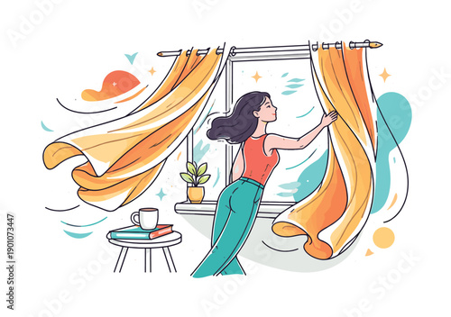 Curtain fabric movement. Wind pushes curtains inward, flowing motion lines emphasizing softness and rhythm.