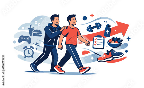 Lifestyle transformation. Client walking forward confidently while coach supports from behind, old habits