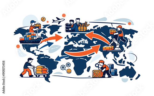 Global trade limits. World map segmented by bold lines, goods moving unevenly between regions. Strategic and