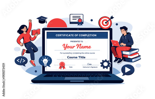 Online course certificate. Digital certificate displayed on a laptop screen, icons of skills and learning