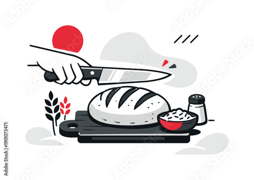 Artisan baking. Knife mid-motion above a rustic loaf, cutting board and wheat shapes forming a balanced scene.