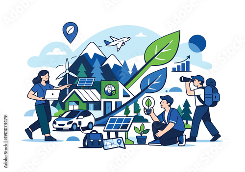 Green startup in tourism. A small eco business grows beside mountains and forests, growth arrows shaped like