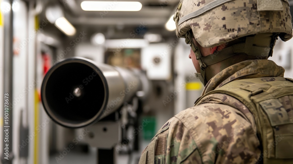 Fototapeta premium A soldier in camouflage uniform stands indoors, observing advanced military equipment or machinery in a controlled environment.