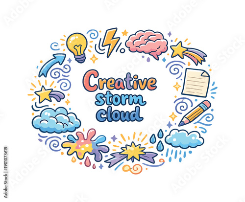 Creative storm cloud. Hand drawn illustration of Creative storm cloud. storm cloud, lightning bolt, light bulb