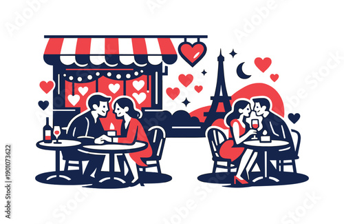 Romantic café in Paris on Valentine’s evening. Cozy sidewalk café with small round tables, glowing candles and