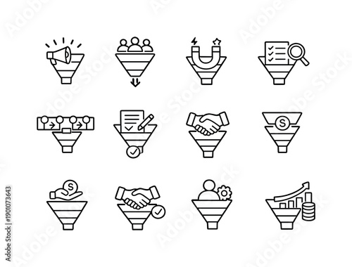 Sales Funnel. Line outline icon set of Sales Funnel: awareness stage, lead generation, prospect interest,
