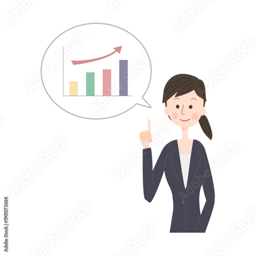 上昇するグラフについて話すスーツ姿の女性