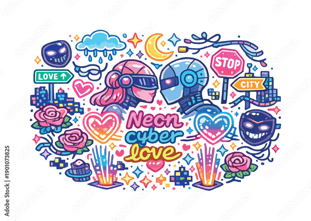 Fototapeta premium Neon cyber love. Hand-drawn doodle illustration of Neon cyber love. glowing heart holograms, android couple,