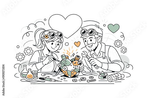 Steampunk Love Workshop. Steampunk Valentine’s Day: inventor couple workshop. Two characters in goggles