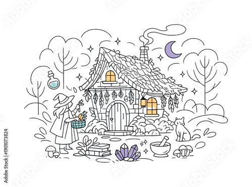 Witch’s cottage in woods: hidden herbalist hut. A small crooked cottage wrapped in vines and moss, glowing
