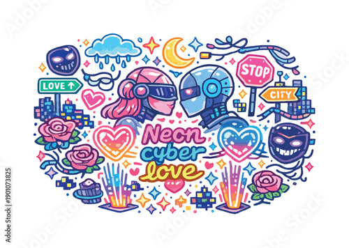 Neon cyber love. Hand-drawn doodle illustration of Neon cyber love. glowing heart holograms, android couple,