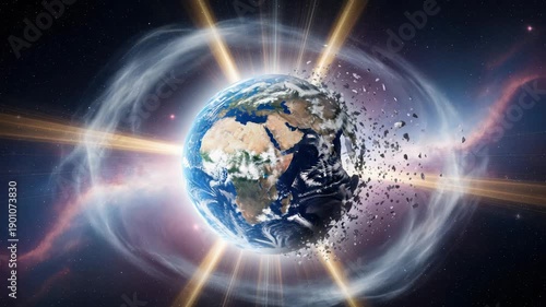 Earth disintegrating in space, exploding planet, cosmic event, global destruction
