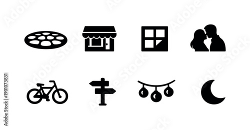 Evening Paris street romance. Filled icon set of Evening Paris street romance: cobblestone street, cafe awning