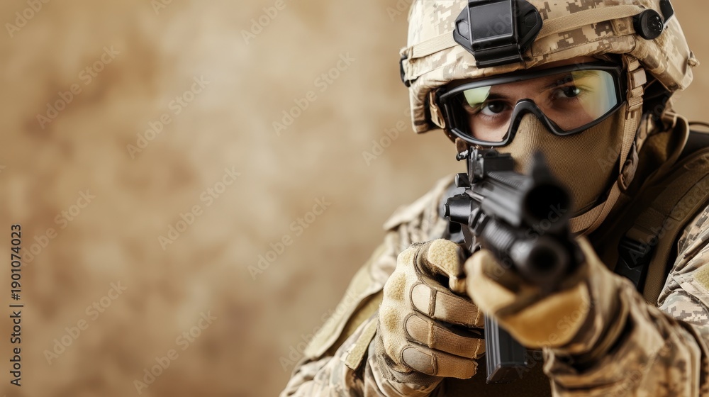 Naklejka premium Soldier in camouflage gear aiming a rifle, wearing tactical gloves and helmet, with a blurred brown background.