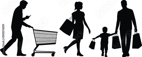 Silhouette of family shopping together with shopping bags and cart, parents and child walking, consumer lifestyle concept isolated on white background