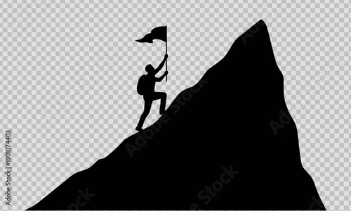 A triumphant hiker standing on a mountain peak waving a flag in the air with a sense of accomplishment and adventure