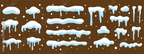 PrintSet of cartoon snow caps and icicles. Set of various frozen snow and ice elements, perfect for decorating text box, or frames for a winter theme