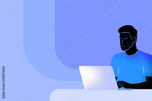 Modern flat vector illustration of person working on laptop against abstract blue background. Remote work, freelancer, online learning, technology, business illustration.