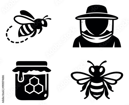 Simple beekeeping icon set featuring a flying bee, a beekeeper, a honey jar, and a bee for natural honey production
