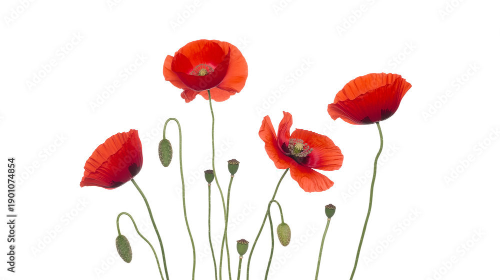 Fototapeta premium A vibrant bouquet of red poppies standing tall against a stark white background