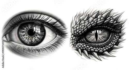 eye of the human and dragon white and black sketch design.
