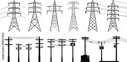 Vector illustration set of electricity transmission towers and utility poles showing power lines infrastructure for energy distribution, grid design, engineering, and industrial use