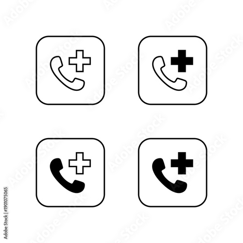 Medical emergency call icon set in square outline. Phone and health cross symbol. Healthcare telephone contact sign