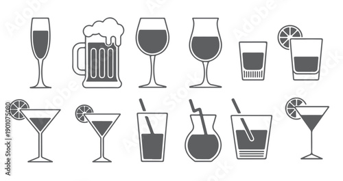gray silhouette icons of various alcoholic beverages 