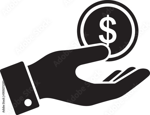 Black and white of a hand holding a dollar coin money finance