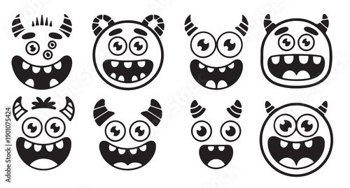 nine playful black silhouette monster faces with horns big