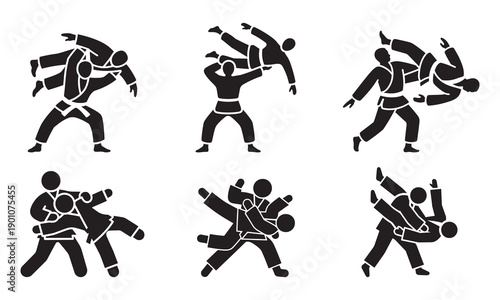 Judo Icons: Grappling and Throwing Techniques Silhouette Set