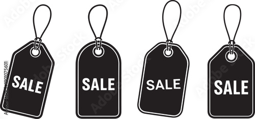 Black sale tags with white text and loops