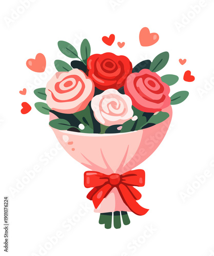 Romantic flower bouquet with roses and hearts flat illustration isolated on white background. Cute Valentine's Day design for greeting cards, banners, invitations, social media and wedding projects