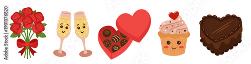 Valentine's day set of colorful design elements - bouquet of roses, cake, box of chocolates, cupcake, champagne.