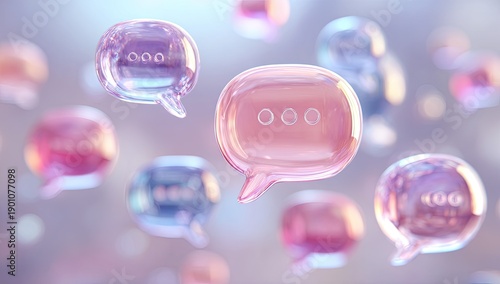 Translucent, iridescent speech bubbles float against a soft, blurred background