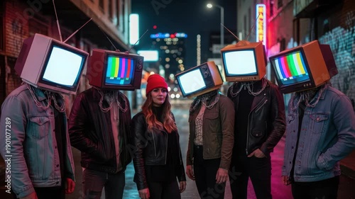 Group of people with vintage TVs for heads on a city street at night