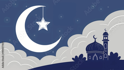 Crescent Moon & Star Over Mosque – Spiritual Ramadan Night Artwork