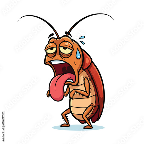 A cartoon cockroach with a distressed expression showing its tongue and a bead of sweat