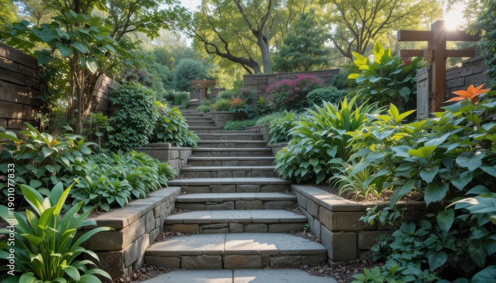 Naklejka premium Garden Steps Lead Through Green Plants and Trees in a Well-Maintained Landscape During Sunny Daylight Hours