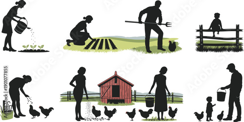 Set of farmer and family silhouettes working in countryside fields, planting crops, feeding chickens, and caring for animals, representing rural life, agriculture, sustainability, 