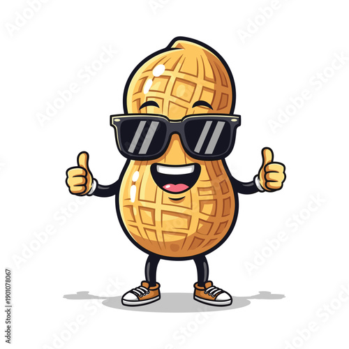 A cheerful peanut character wearing sunglasses and sneakers gives a double thumbs up high-quality professional
