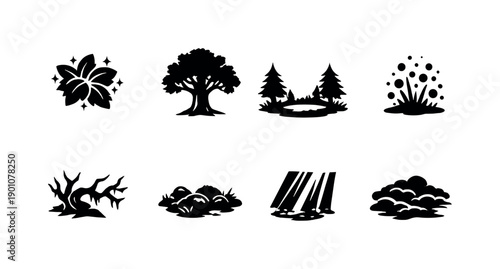 Enchanted autumn woodland. Filled icon set of Enchanted autumn woodland: luminous leaves cluster, tall oak