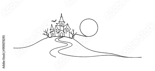 "Haunted house at Halloween". Minimalistic one-line drawing eerie mansion on a hill with full moon and winding