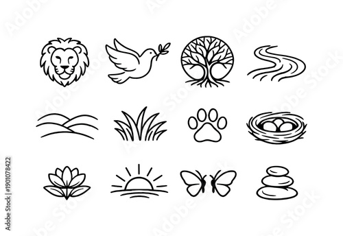 Peaceful nature balance. Line outline icon set of Peaceful nature balance: lion, dove, tree of life, water