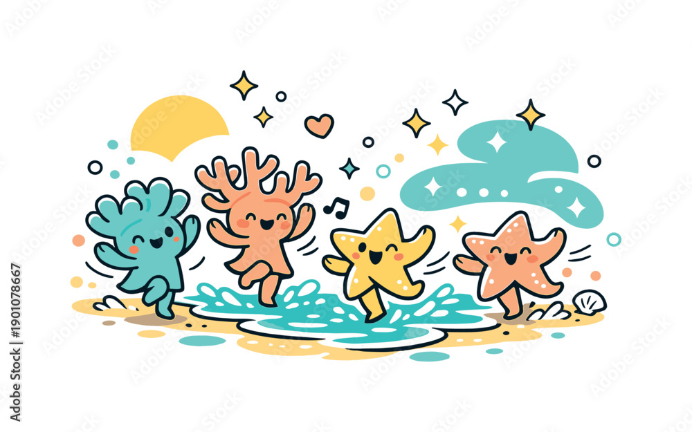 Fototapeta premium Enchanted shoreline. Cute coral beings and starfish sprites dancing along the waterline, sparkles drifting in